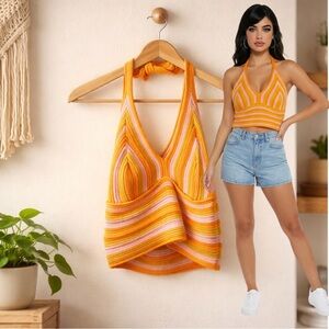 🛍️ Stitch & Pine Orange Pink Striped Knit Halter Boho Crop Top Size Large NEW